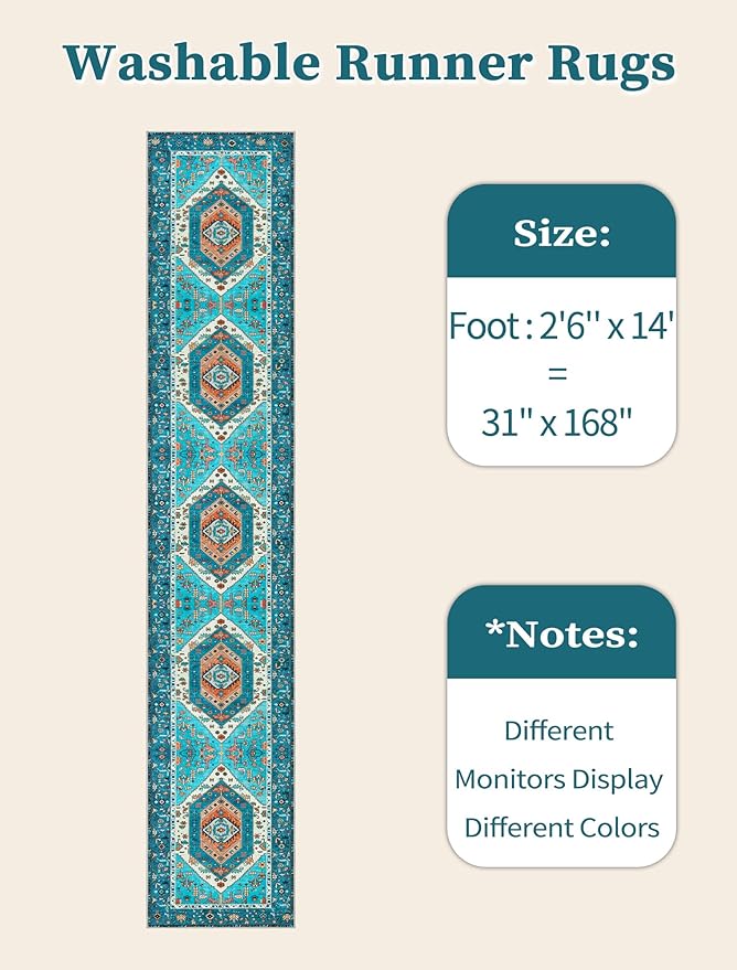 SERISSA Runner Rug for Hallways, 2'6"x14' Washable Non Slip Kitchen Runner Rug, Extra Long Boho Rug Ultra Soft Vintage Blue Print Floor Carpet for Bedroom Hallway Entryway Bathroom Laundry Room