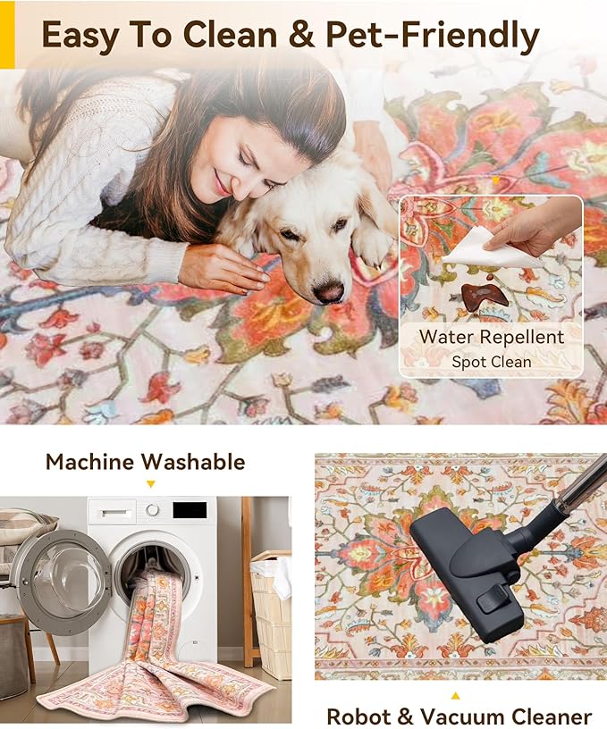 RELEANY Area Rugs 2'x10' Runner Rug Non Slip Washable for Kitchen Hallway Bedroom Beside Laundry Room Bathroom Rug, Floor Carpet, Light Pink Colorful