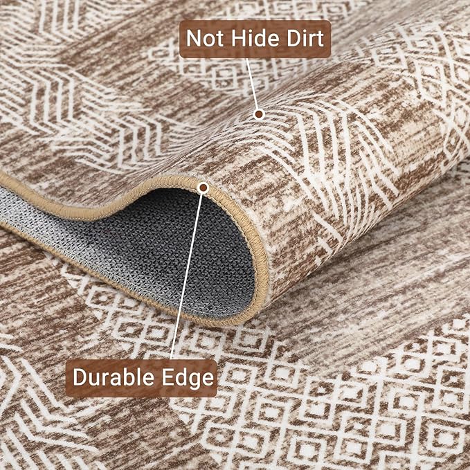 GarveeHome 2x6 Modern Bordered Runner Rug Soft Non Slip Runner Washable Non Shedding Floor Carpet, Distressed Geometric Hallway Runner, Indoor Printed Runner for Kitchen, Entrance, Brown