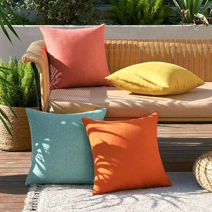 MIULEE Pack of 4 Decorative Outdoor Throw Pillow Covers Linen Waterproof Pillow Covers Farmhouse Cushion Cases for Patio Garden Tent Balcony Couch Sofa 16x16 inch Orange Teal