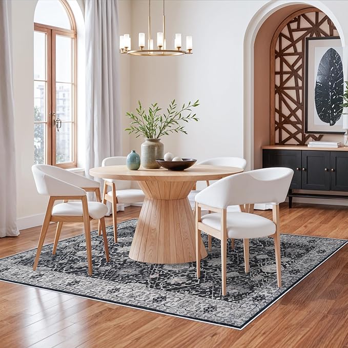5x7 Living Room Area Rugs: Washable Non-Slip Stain Resistant Rug for Bedroom Dining Room Vintage Ultra Soft Indoor Carpet for Nursery Kitchen Farmhouse Thin Floor Mat for Home Office (5x7 Black)