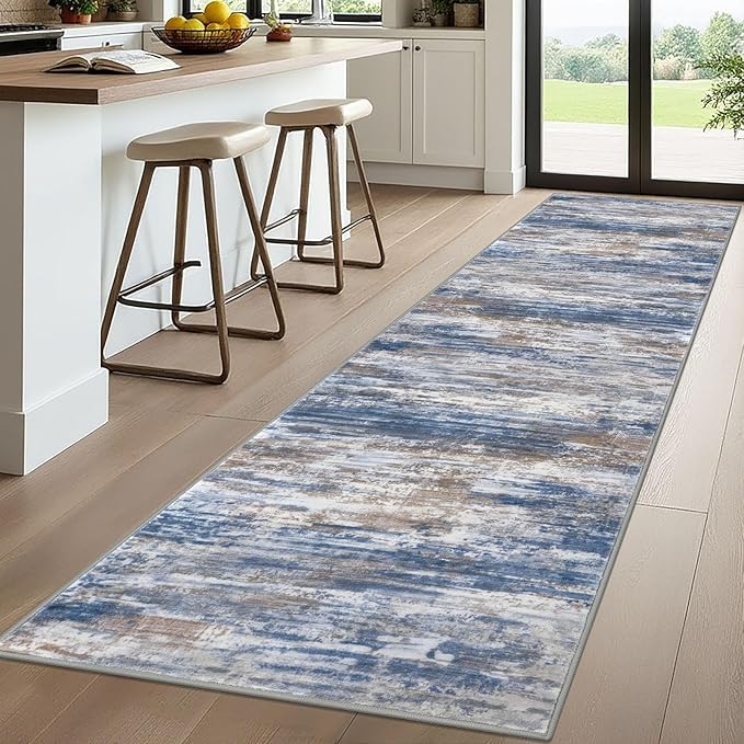 KOZYFLY 3x10 Ft Rug Modern Ombre Runner Rug for Hallway, Washable Kitchen Rugs Non-Slip Soft Striped Entryway Rug, Print Blue Rust Abstract Carpet for Laundry Nursery
