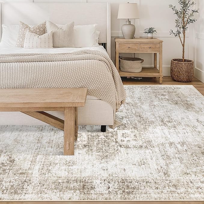 Area Rug 6x9 Washable Rug, Vintage Boho Medallion Rugs Non-Slip Soft Low Pile Large Distressed Rug Indoor Retro Carpet for Living Room Bedroom Dining Room Home Office (Taupe, 6'x9')