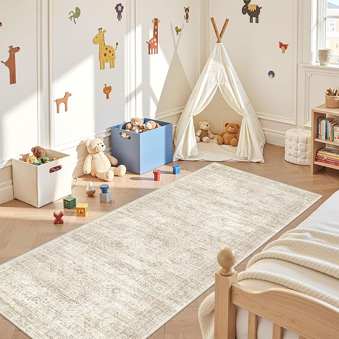 3x6 Runner Rug Non Slip, Thin Entryway Washable Rug for Entryway, Runners for Hallways, Low Pile Vintage Abstract Soft Rugs for Living Room, Kitchen, Bedroom(3'x6', Beige/Ivory)