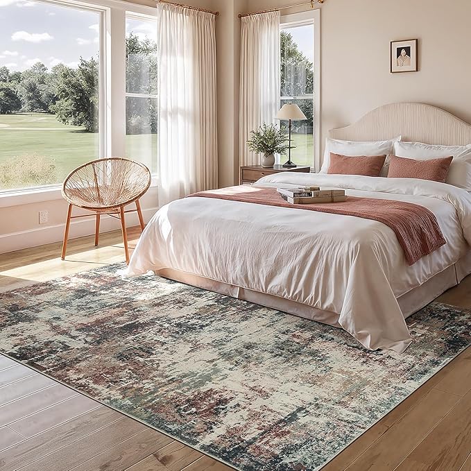 Rugflix 5x7 Area Rugs for Living Room, Washable Large Rug Stain-Resistant Low Pile, Modern Carpet for Dining Room Home Office Kid Room Nursery Bedroom, Rust