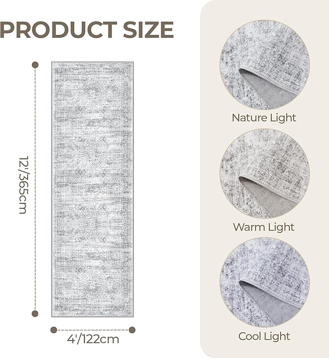 4x12 Runner Rug for Hallway, Low-Pile Wide Runner for Entryway, Long Washable Non-Slip Kitchen Rug, Soft Modern Home Decor Mat for Living, Laundry Room(4'x12', Grey/Ivory)