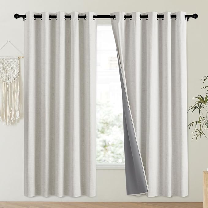 NICETOWN Snowbound Vintage Linen 100% Blackout Curtains for Playroom, Thermal Insulated Curtains 72" Long, Noise Reducing Window Treatment Drapes for Laundry Room, 62" Wide Per Panel, Set of 2
