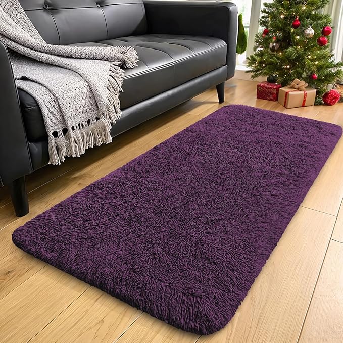 OLANLY 2x8 Machine Washable Runner Rugs for Hallway, Soft Fluffy Shaggy Bedside Rugs for Bedroom, Living Room, Indoor Floor Carpet for Kids Girls and Boys, Home Decor Aesthetic, Dark Purple