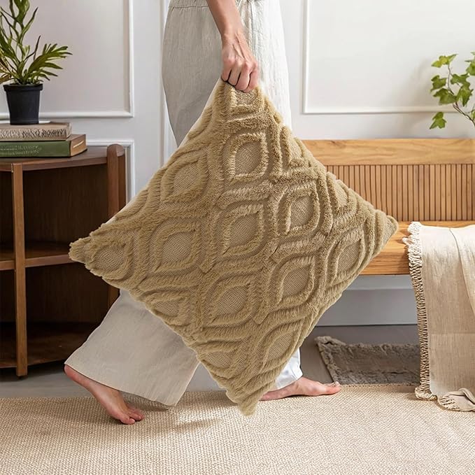 decorUhome Throw Pillow Covers 22x22 Inch Set of 2, Soft Plush Faux Wool Khaki Solid Couch Pillow Covers, Accent Euro Sham Farmhouse Neutral Square Pillow Cases for Sofa Bed Living Room