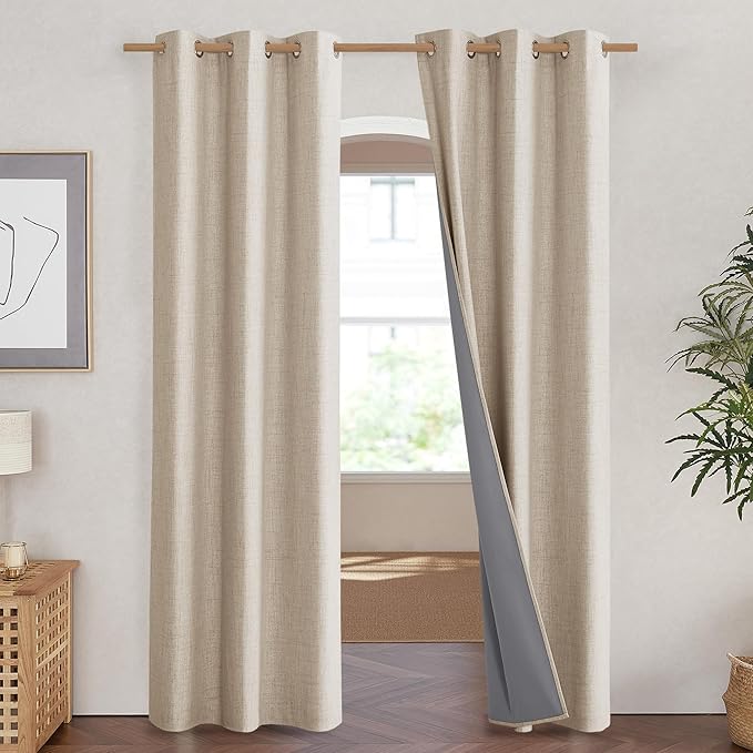 NICETOWN Cream Full Blackout Boho-Chic Linen Curtains 84 inch Long 2 Panels Set for Cafe Window, 42 inch Wide, Thick Linen Blend Drapes, Insulated Window Covers Draperies with White Backing