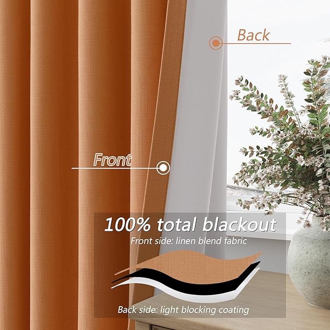 Guken Orange 100% Blackout Linen Curtains 108 Inch Length 2 Panels Set for Living Room Bedroom Back Tab Thermal Insulated Black Out Drapes Room Darkening Farmhouse Window Curtains 52x108