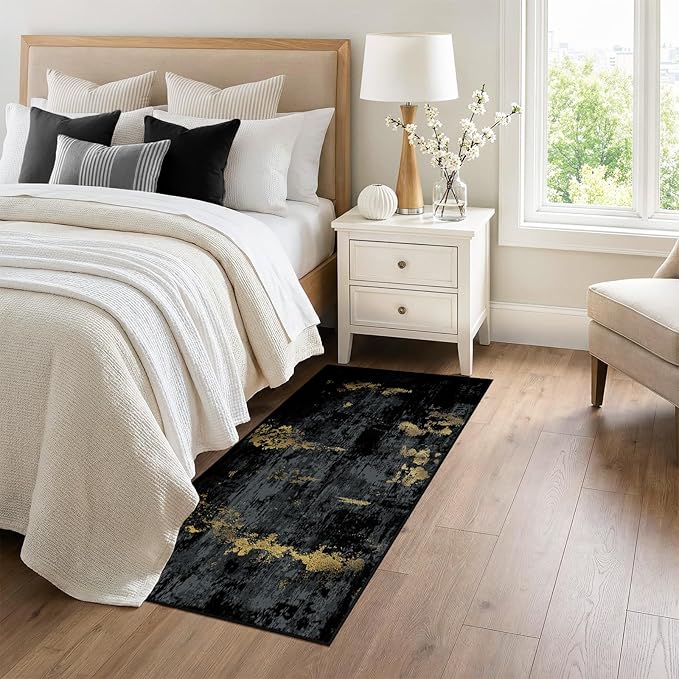 Washable Area Rugs 3x6 Non-Slip Modern Abstract Soft for Living Room Entryway Bedroom Nursery, Print Pattern, Dark Black Gold