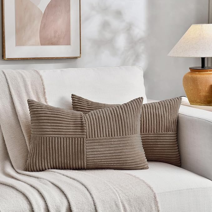 Fancy Homi Set of 2 Light Brown Lumbar Decorative Throw Pillow Covers 16x26 Inch for Living Room Bedroom Couch Bed Sofa, Soft Striped Corduroy Modern Rectangle Accent Cushion Case 65x40 cm