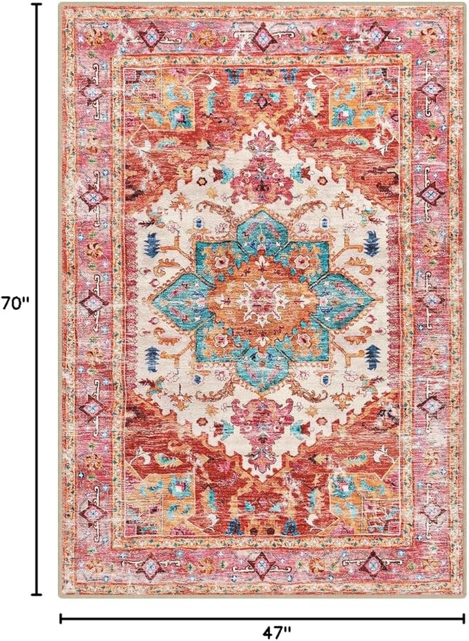 Yamaziot Washable Area Rug, 4x6 Non-Slip Boho Vintage Living Room Bedroom Rug with Rubber Backing, Low Pile Faux Wool Soft Distressed Rug Floor Carpet for Living Room, Laundry, Kids Playroom (Pink)