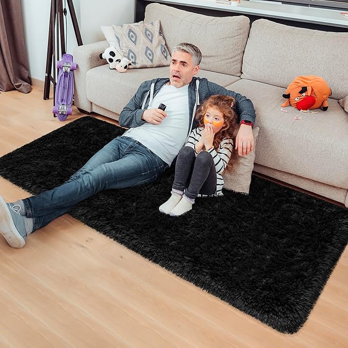 2x5 Bedside Area Rugs for Bedroom Soft Fluffy Shag Black Rug for Hallway Non-Slip Fuzzy Plush Living Room Rug Indoor Floor Carpet for Kids Rooms Dorm Nursery Modern Home Aesthetic Decor