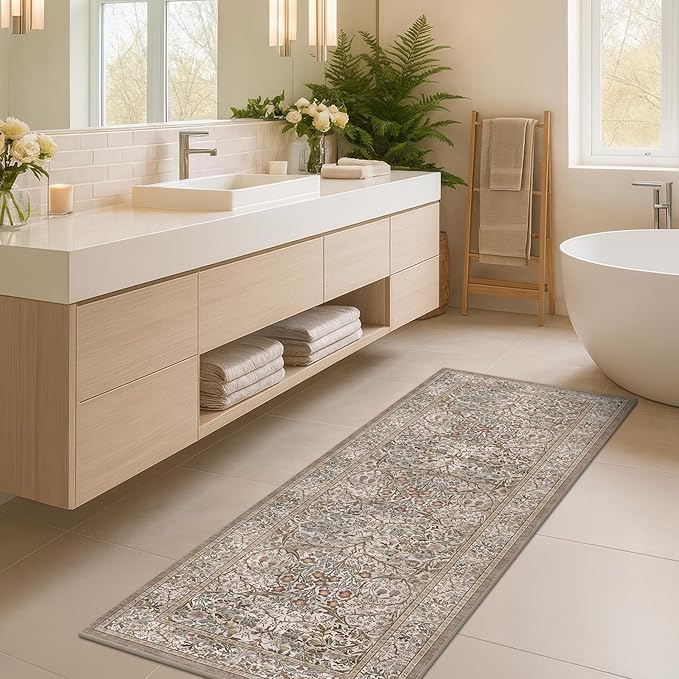 Hazo Haus Moss Green 2x5 Bathroom Rug Runners Non Slip Washable - Neutral Runner Rug for Kitchen Floor, Bedroom, Laundry Room, Hallway - Thin Vintage Oriental Taupe Bathroom Rugs Stain Resistant