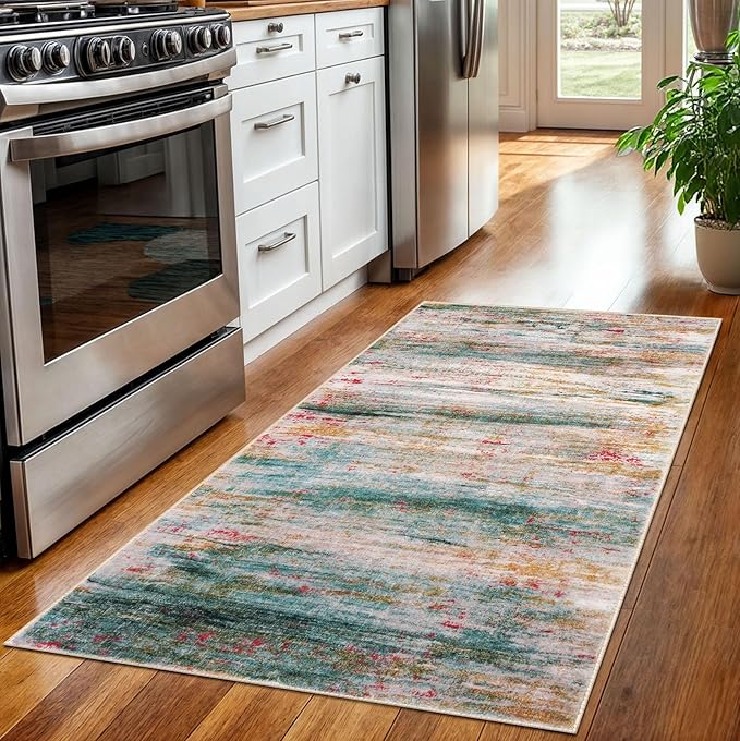 KOZYFLY Area Rug 3x5 Modern Ombre Living Room Rug, Washable Rugs for Bedroom Non-Slip Soft Stain Resistant Striped, Print Green Abstract Carpet for Living/Laundry/Kid Room