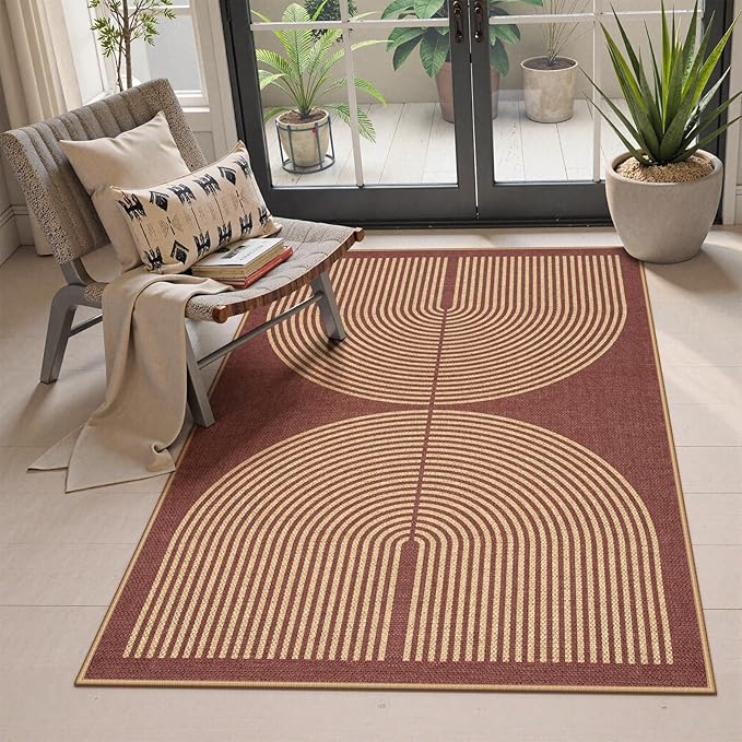 Lahome Enfys Modern Rainbow Easy Jute Patio Rug, 3x5 Washable Entry Way Rugs Indoor for Living Room Dorm, Farmhouse Red Indoor Outdoor Carpet for Entryway Deck Porch