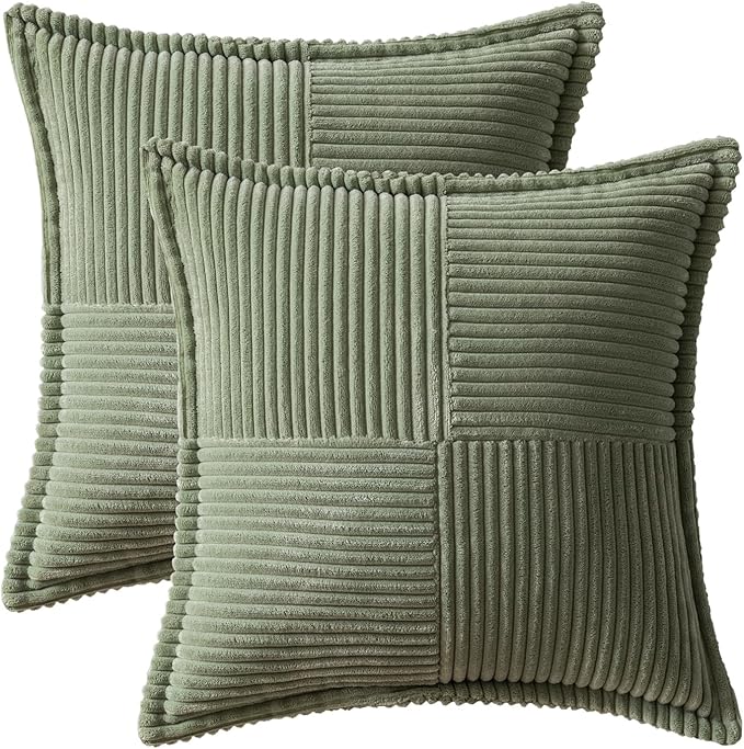 MIULEE Decorative Euro Sham Throw Pillow Covers for Couch Bed Livingroom 24x24 Inch Set of 2 Light Olive Green Boho Accent Throw Pllows Broadside Striped Patchwork Soft Corduroy Summer Pillowcases