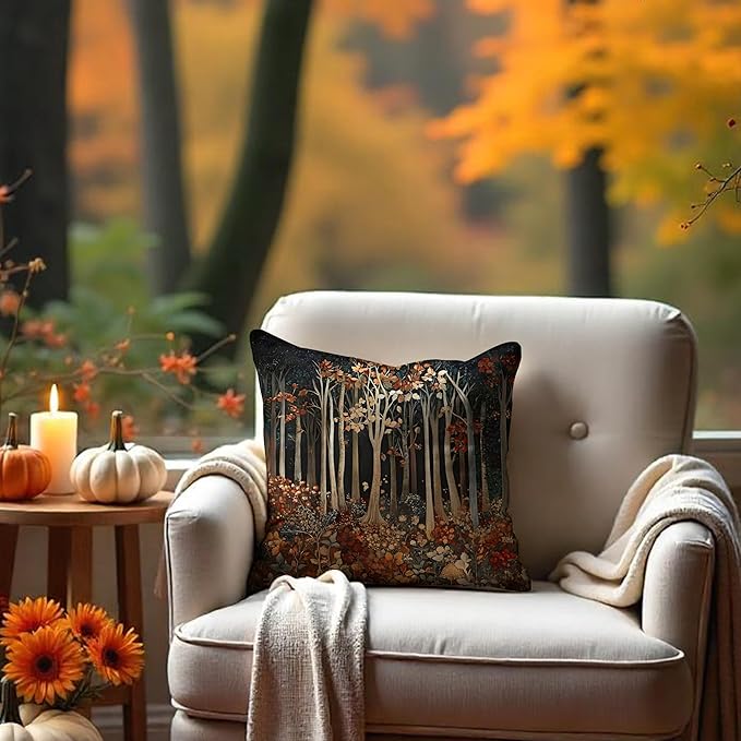 Rustic William Morris Inspired Autumn Forest Decor Pillow Covers 18x18,Fall Home Room Decor, Vintage Botanical Nature Decorative Throw Pillow Covers for Home Bedroom Living Room