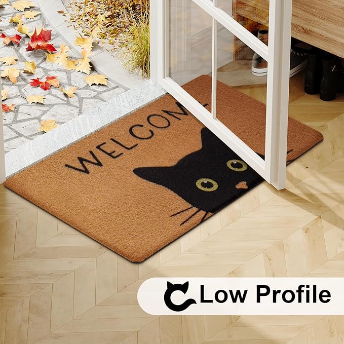 UINI Door Mat Cat Welcome Mat, Black Cat with Green Eyes Doormat, Non-Slip Cat Welcome Mats for Front Door, Outside Entrance, Resist Dirt, 17" x 30"