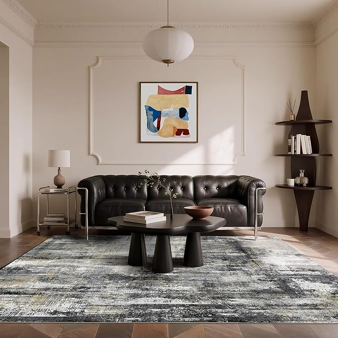 Latte&Fog 6x9 Area Rugs for Living Room Bedroom, Black Modern Abstract Neutral Washable Rug, Boho Non Slip Low Pile Carpet for Dining Room, Dorm,Classroom,College Dorm and Farmhouse - Black Gold