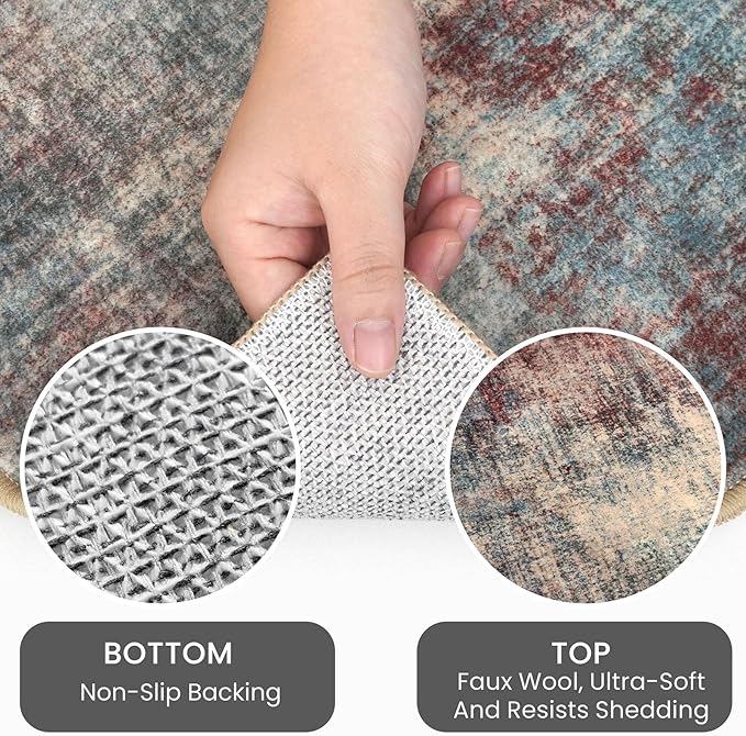 IOHOUZE Abstract Area Rugs 5x7 Ft Washable Rugs for Living Room, Non Slip Dining Room Rug, Printed Faux Wool Rugs for Bedroom, Floor Carpet for Kitchen Nursery Playroom, Red/Multi