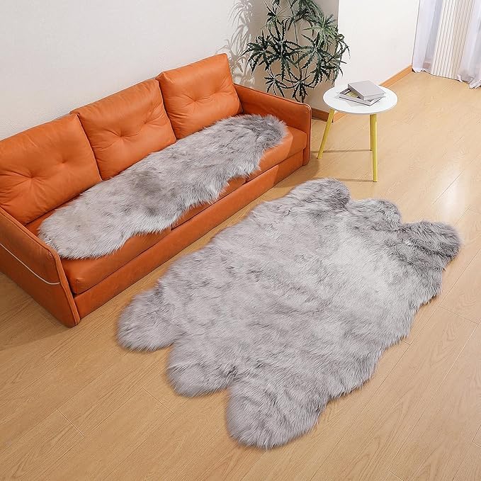 linmopm Faux Fur Rug Sheepskin Shag Fluffy Fuzzy Grey 4x6 ft Rugs for Bedroom Bedside Bed Floor Living Room Plush High-Density Cushion Carpet Super Sofa Cover