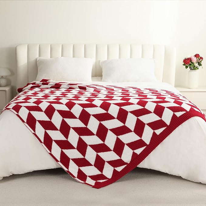 Snuggle Sac Chevron Red Throw Blanket for Couch, Super Soft Christmas Blankets Cozy Knit Fuzzy Plush Lightweight Throws for Sofa, Bed, Red,50x60 inches