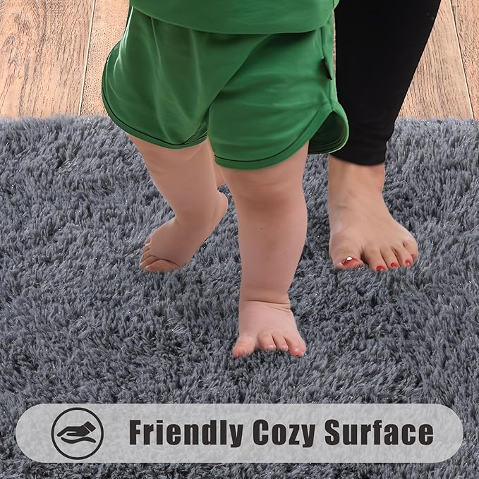 Ultra Soft Runner Rugs for Bedroom Hallways with Upgraded Non-Slip Rubber Backing & Thick Memory Sponge, 2 Packs 2x3 Feet Fluffy Shag Throw Area Rug for Bedside Dorm Dark Grey