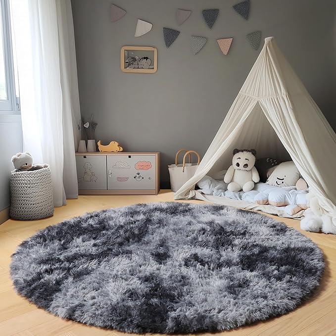ONASAR Tie-Dyed Dark Grey Round Area Rugs 5ft, Ultra Soft Bedroom Circle Rug for Kids Girls Teen Room, Fluffy Plush Shaggy Carpet Floor Mats for Baby Nursery Living Room Playroom Home Decor