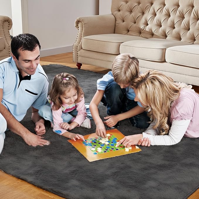 Cozy Shag Area Rug for Living Room, Anti-Skid Rectangular Indoor Floor Carpet for Kids Boys Girls Dorm Bedroom Playroom, Home Decor Aesthetic Enhancement (6x9 Feet, Solid Gray)