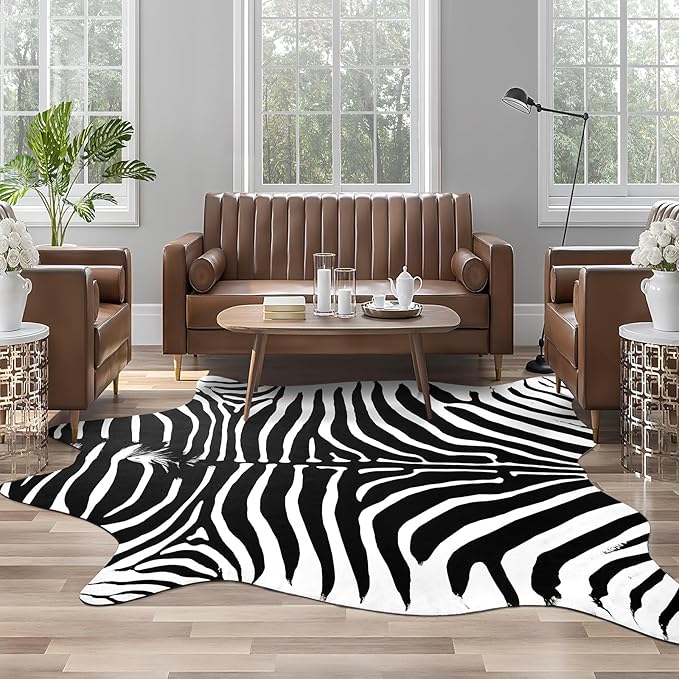 AROGAN Premium Faux Zebra Hide Rug 4.6 x 5.2 Feet, Sturdy and Large Size Bear Print Rugs, Suitable for Bedroom Living Room Western Decor, Faux Fur Animal Carpet, Black and White