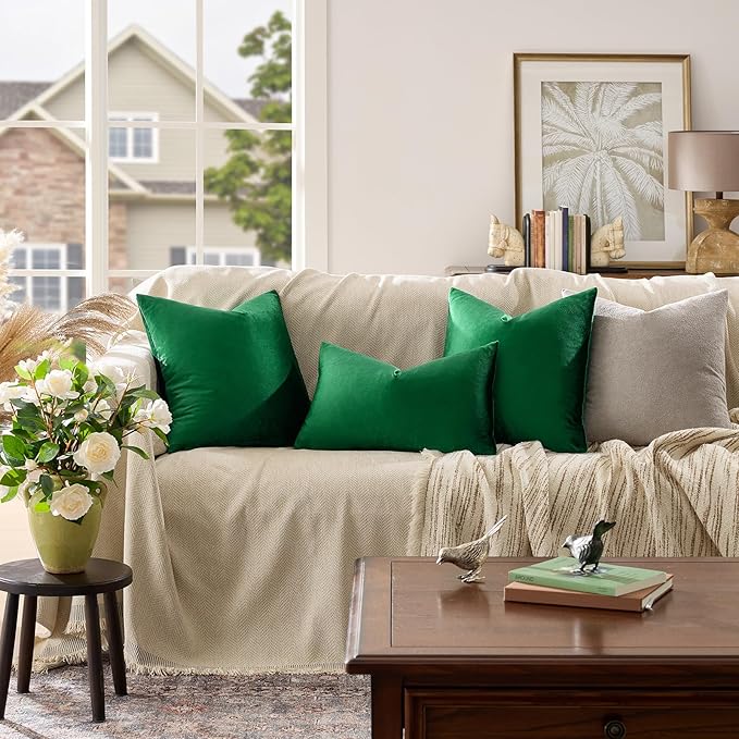 GIGIZAZA Decorative Small Lumbar Pillow Covers, Set of 2 Cushion Covers Velvet Forest Green Pillows,Sofa Throw 12 X 20 Pillow Covers