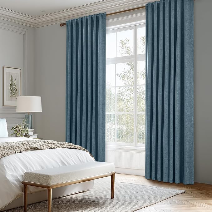 MIULEE 100% Blackout Linen Curtains for Bedroom, Stone Blue Solid Luxury Decor Thermal Insulation Room Darkening Drapes for Living Room Nursery Back Tab Rod Pocket 42 x 96 Inches, 2 Panels