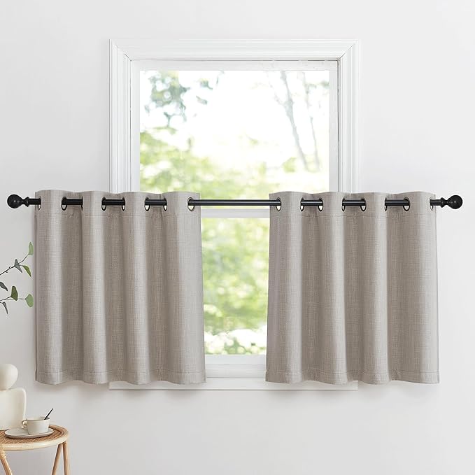 NICETOWN Thick Living Room Valances 24 inches Long, Farmhouse Grommet Faux Linen Room Darkening Curtain Tiers Thermal Insulated Window Covering Small Curtains for Cafe, Angora, W52 x L24, 1 Pair