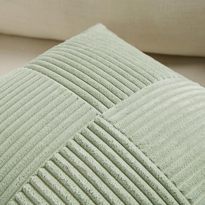Fancy Homi 2 Packs Sage Green Lumbar Decorative Throw Pillow Covers 14x24 Inch for Couch Bed, Rustic Farmhouse Boho Home Decor, Soft Striped Corduroy Rectangle Accent Cushion Case 35x60 cm