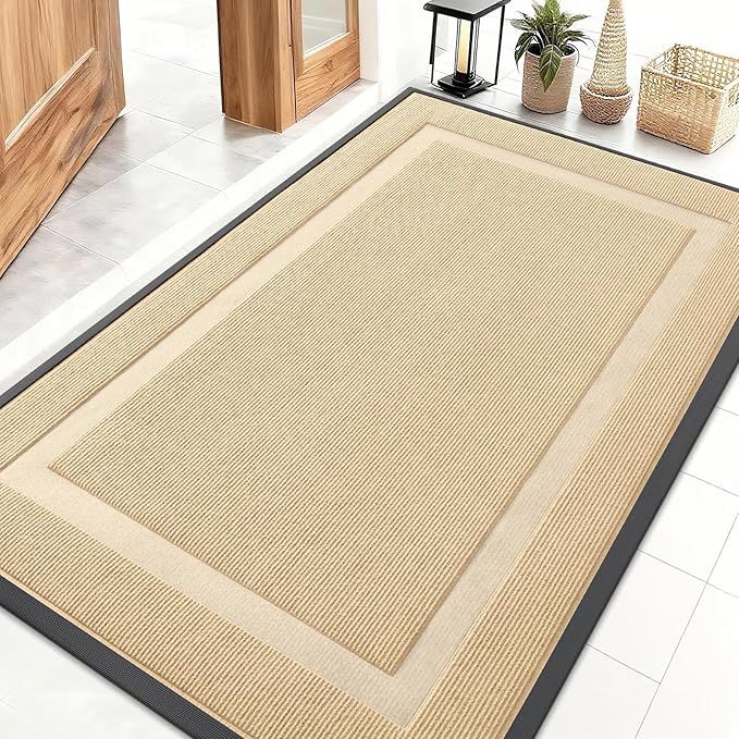 OLANLY Front Door Mat Indoor Outdoor Entrance, Waterproof All-Season, All-Weather Doormat, Sturdy Natural Rubber, Fade Resistant, Low Profile, Easy Clean Patio Porch Entryway Mat, 47x30, Beige