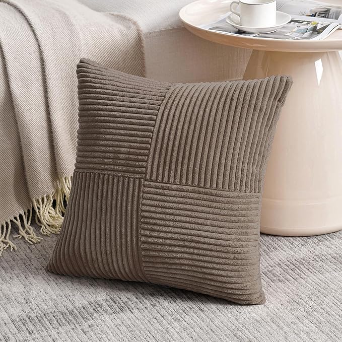 Fancy Homi Set of 2, Light Brown Patchwork Corduroy Decorative Soft Striped Modern Accent Cushion Case Farmhouse Boho Neutral Throw Pillow Covers for Chair Couch Bed Sofa Living Room 14x14 Inch