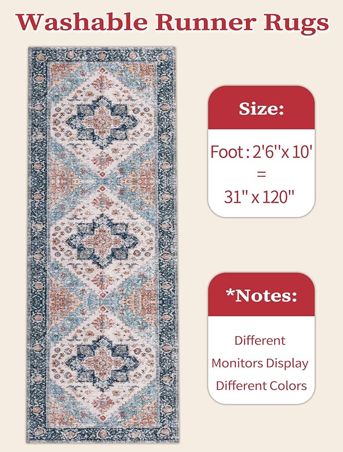 SERISSA Boho Washable Runner Rug, 2'6"x10' Long Non-Slip Vintage Blue Orange Hallway Kitchen Stair Runner Rug Ultra Soft Print Distressed Floor Carpet for Bedroom Bathroom Laundry Room