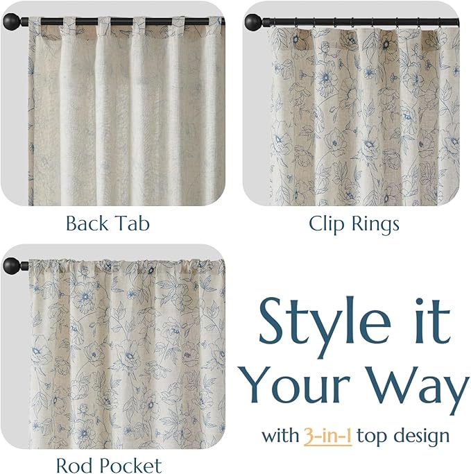 jinchan Floral Linen Curtains for Living Room 63 Inch Length Blue Flower Curtain Rod Pocket Back Tab Farmhouse Curtains with Printed Floral Bedroom Window Curtain Set, 2 Panels Blue