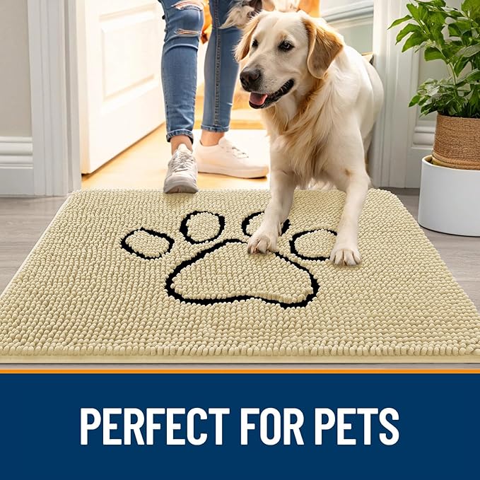 OLANLY Dog Door Mat for Muddy Paws 36x24, Paw Print Design, Absorbs Moisture and Dirt, Absorbent Non-Slip Washable Doormat, Quick Dry Chenille Mud Mat for Dogs, Entry Indoor Entryway Carpet, Sand