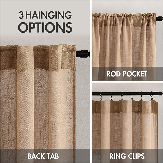 MIULEE Brown Linen Curtains 96 Inches Long for Bedroom Living Room, Soft Thick Linen Textured Window Drapes Semi Sheer Light Filtering Back Tab Rod Pocket Burlap Look Farmhouse Decor, 2 Panels Set