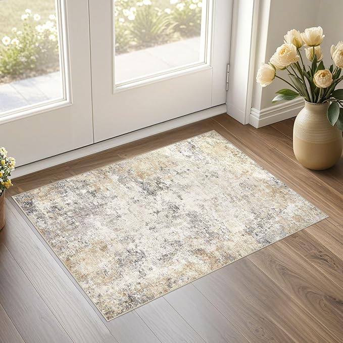 UERMEI 2x3 Entryway Area Rug: Washable Neutral Modern Abstract Small Rug - Non-Slip Low Pile Throw Indoor Carpet for Entrance Kitchen Front Door Mat Bathroom Entry Kids Room - Golden Grey