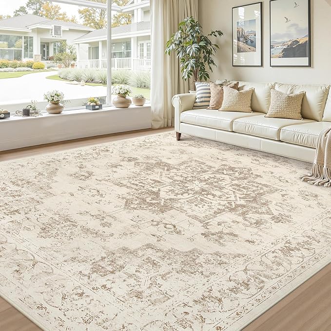 Area Rugs 9x12 Living Room: Vintage Boho Neutral Washable Rug Indoor Soft Large Area Rug Carpet for Bedroom Nursery Farmhouse Dining Room Office Floor Non-Slip Low Pile Under Table Rug Beige/Ivory