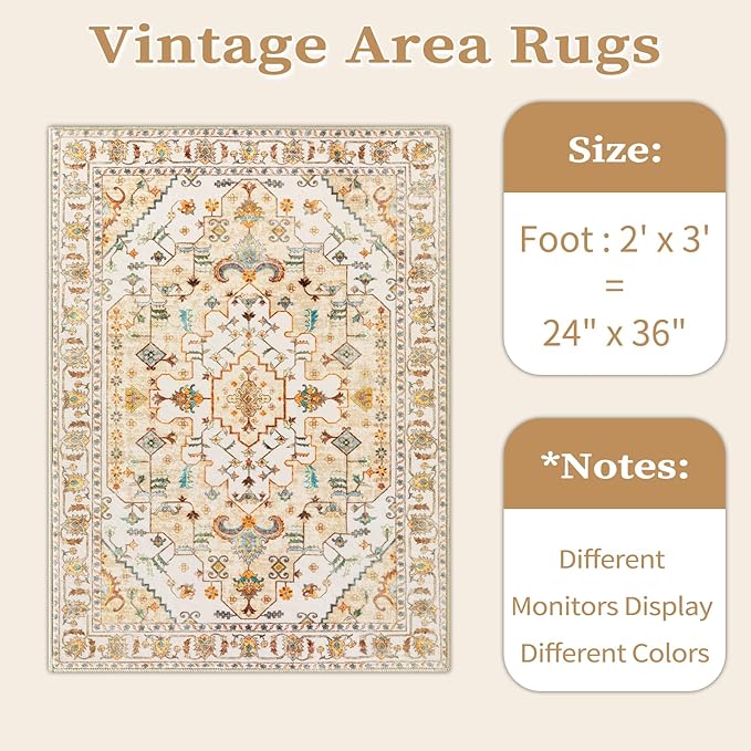SERISSA Boho Rugs for Entryway, 2x3 Light Yellow Entryway Rug Non-Slip Washable Small Area Rug, Ultra Soft Vintage Low-Pile Indoor Door Mat Floor Carpet for Entrance Bedroom Kitchen Bathroom