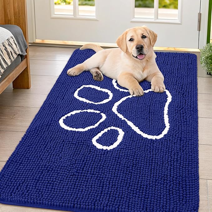 Smiry Dog Door Mat for Muddy Paws, Absorbent Dirt Trapper Non Slip Quick Dry Washable Chenille Mat for Mud Dogs, Entry Rug for Indoor and Outdoor (47x32 Inches, Navy Blue and White)