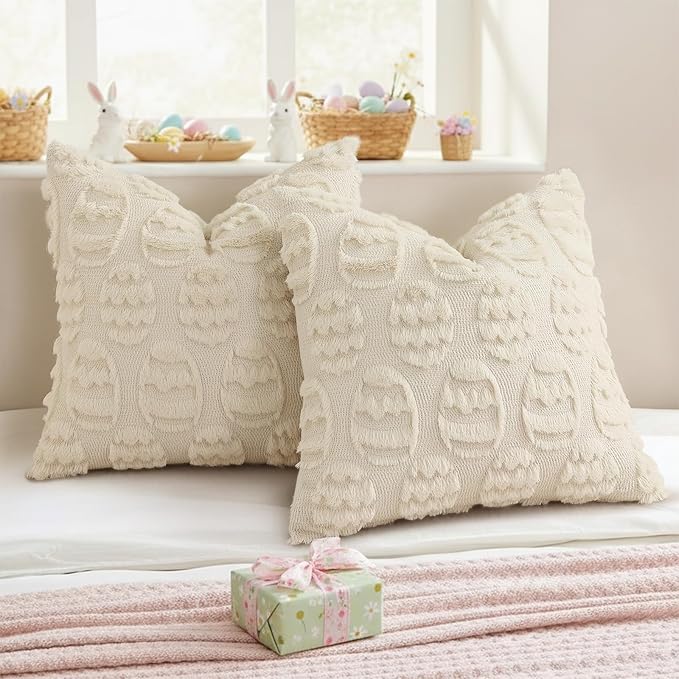 decorUhome Easter Beige Egg Pillow Covers 16x16 Inch Set of 2, Soft Plush Faux Wool Jacquard Cushion Covers, Farmhouse Neutral Fuzzy Spring Easter Holiday Decor for Couch Sofa Bed