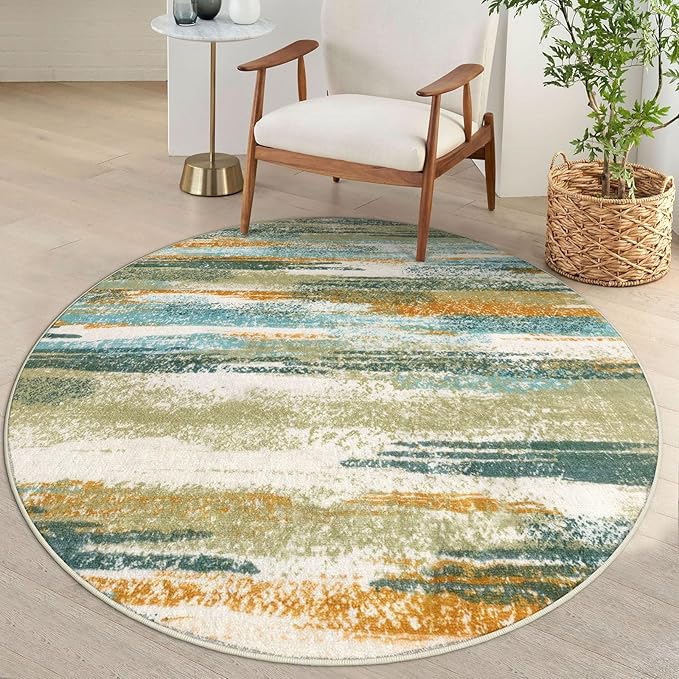 Lansny Modern Abstract Round Rug 5Ft, Green Mustard Multi Small Washable Non-Slip Circle Rug, Soft Circular Dining Room Rug Thin Print Faux Wool Carpet for Bedroom Living Room Office Playroom