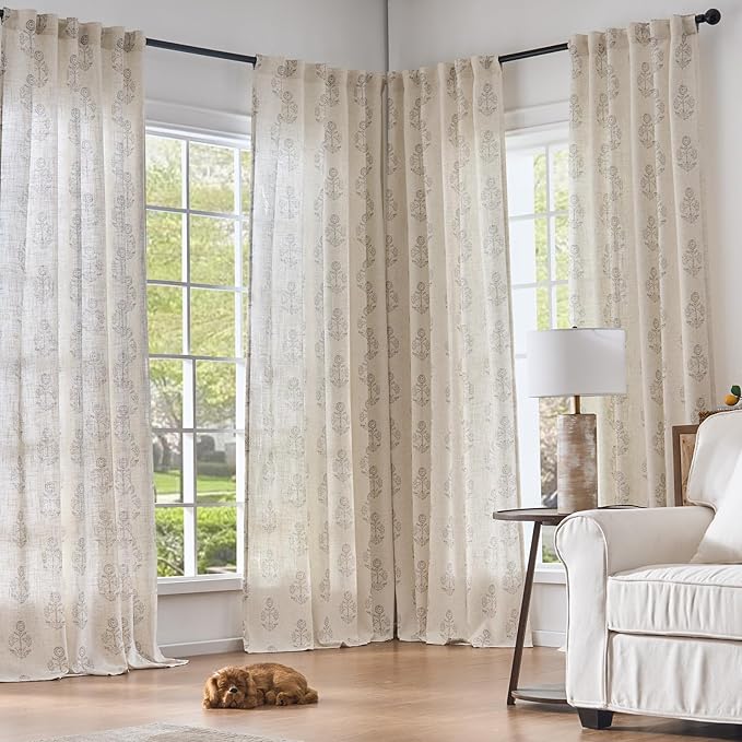 jinchan Linen Floral Curtains for Living Room 84 Inch Length Gray Flower Cottage Core Farmhouse Curtains Rod Pocket Back Tab Boho Semi Sheer Window Drapes Bedroom Set 2 Panels Grey on Beige